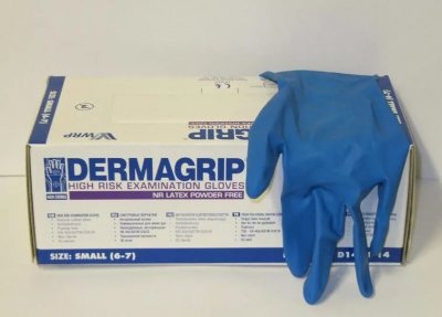 Купить перчатки dermagrip high risk powder free, повышенной прочности размер s 25 пар синие в Заволжье