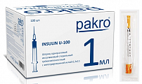 Шприц 1мл инcулиновый Пакро с иглой 0,3х13мм 3-х компонентный, U-100 100шт