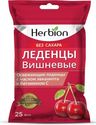 Купить herbion (хербион), леденцы с маслом эвкалипт и витамином с вишневые без сахара, пакет 62,5г в Заволжье