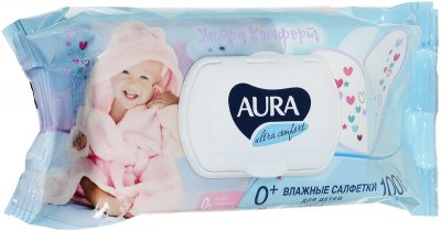 Купить aura (аура) ультра комфорт влажные салфетки для детей с алоэ и витамином е 100 шт в Заволжье