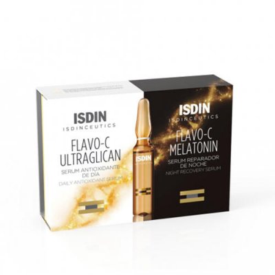Купить isdin isdinceutics (исдин) набор: сыворотка для лица ночная 10шт+дневная flavo-c melatonin, ампулы 2мл, 10шт в Заволжье