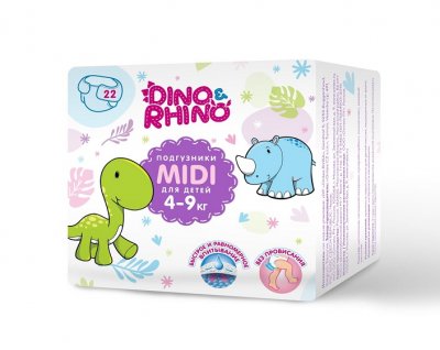 Купить подгузники для детей дино и рино (dino & rhino) размер midi 4-9 кг, 22 шт в Заволжье
