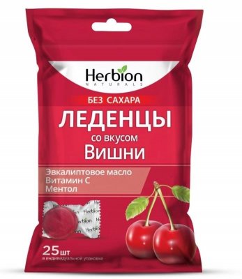 Купить herbion (хербион) с эвкалиптовым маслом, витамином с и ментолом со вкусом вишни без сахара, леденцы массой 2,5г 25 шт бад в Заволжье