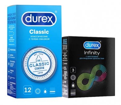 Купить durex (дюрекс) набор: презервативы classic, 12шт + infinity гладкие с анестетиком (вариант 2), 3шт в Заволжье