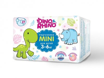 Купить подгузники для детей 3-6 кг дино и рино (dino & rhino) размер мини, 27 шт в Заволжье
