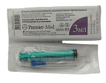 Шприц 3мл 3-х компонентный с иглой 0,6х30мм 100 шт, пакет, Премьер-Мед