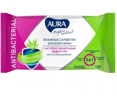 Купить aura (аура) салфетки влажные с антибактериальным эффектом tropic cocktail 15 шт. в Заволжье
