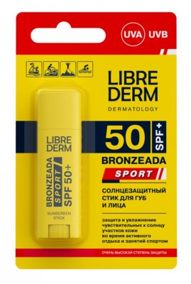 Купить librederm bronzeada sport (либридерм) стик солнцезащитный для губ и лица spf 50+, 4,8г в Заволжье