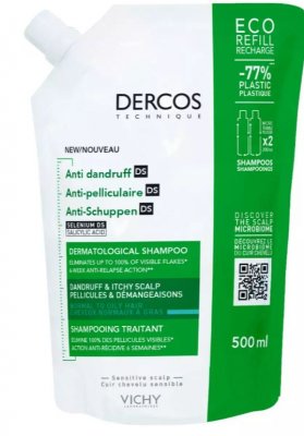 Купить vichy dercos (виши) шампунь-уход против перхоти для нормальных и жирных волос, сменный блок 500мл в Заволжье